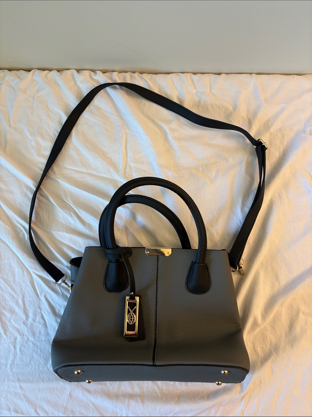 Structured Black and Gray Women’s Tote with Gold Accents